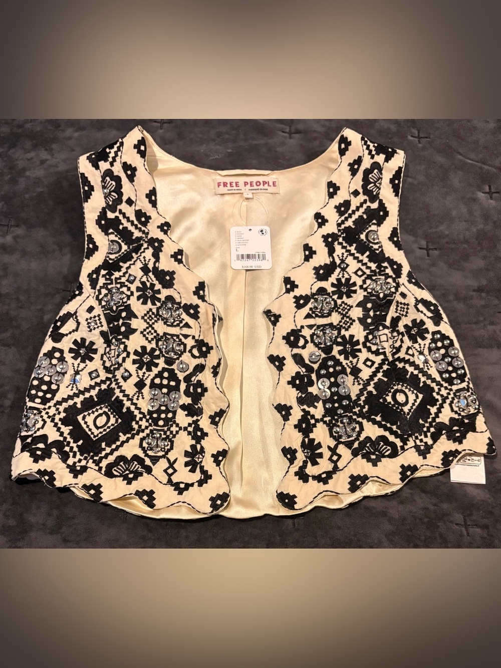 FREE PEOPLE WOMEN'S MARIGOLD WESTERN VEST CREAM AND BLACK SIZE LARGE NWT’S